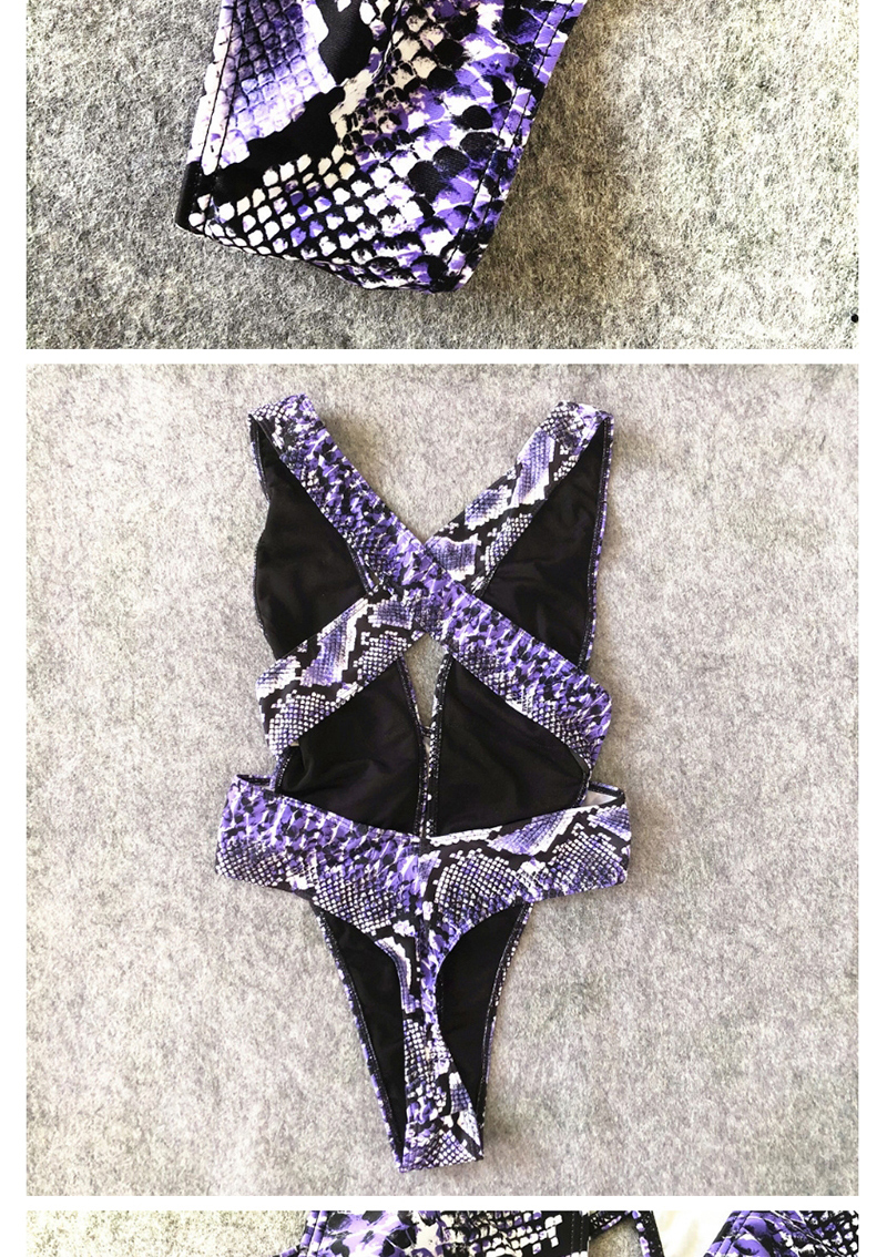 Fashion Purple Snakeskin Print Cross Strap Cutout Swimsuit,One Pieces