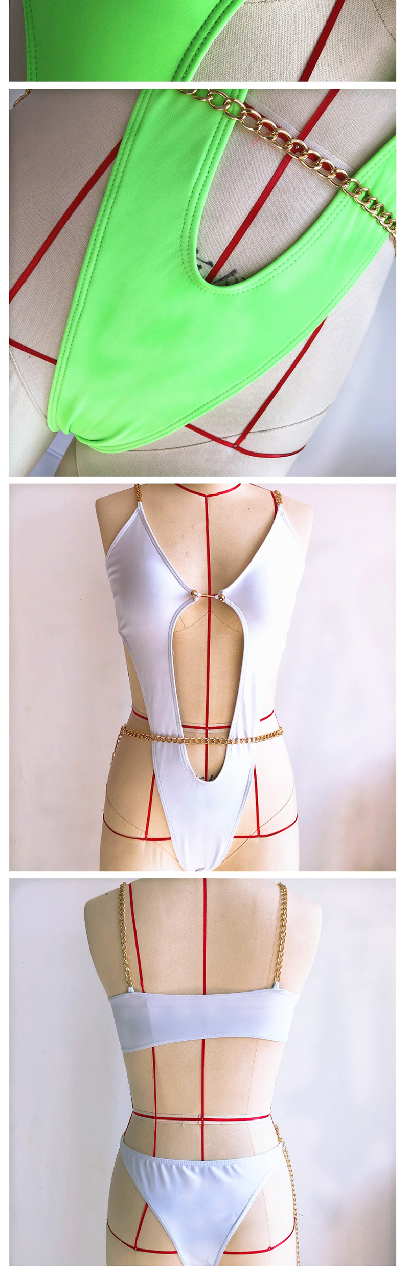 Fashion White Chain Shoulder Strap Hollow Deep One Piece Swimsuit,One Pieces