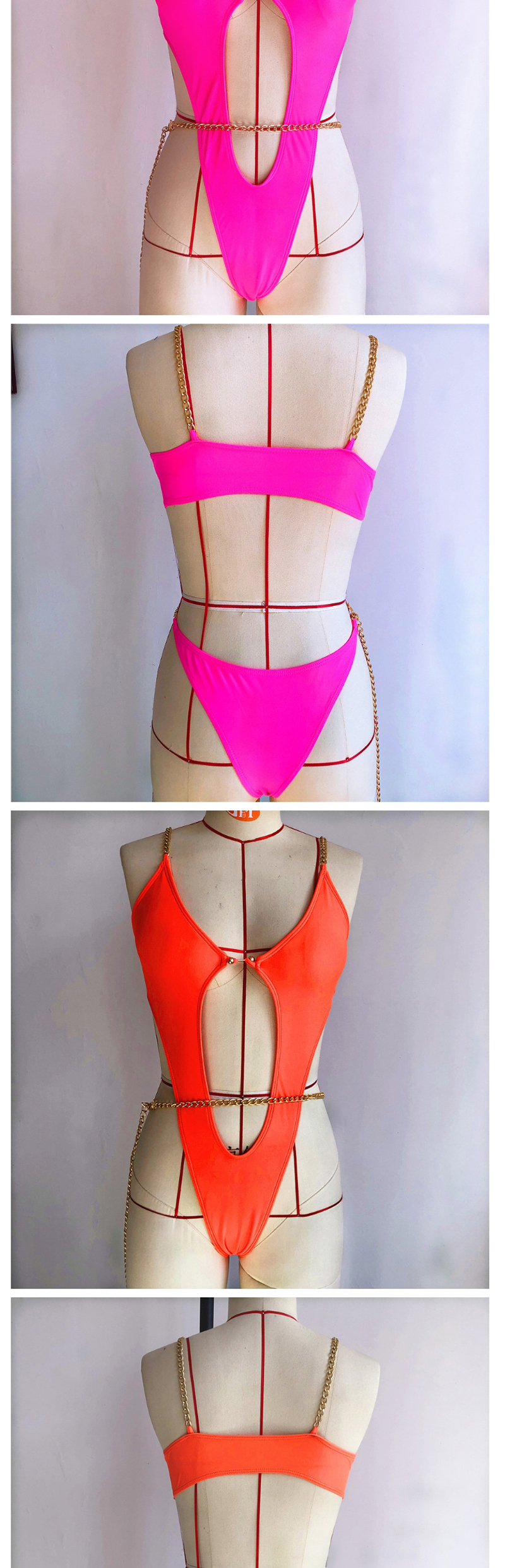 Fashion Orange Chain Shoulder Strap Hollow Deep One Piece Swimsuit,One Pieces