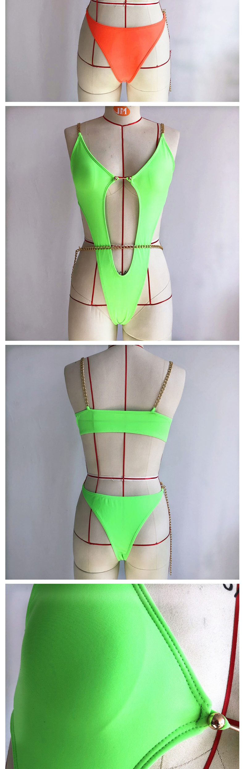 Fashion Fluorescent Green Chain Shoulder Strap Hollow Deep One Piece Swimsuit,One Pieces
