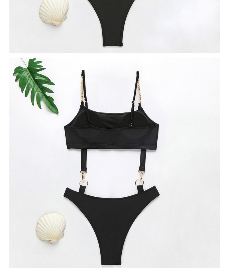 Fashion Black Chain Shoulder Strap Cutout One-piece Swimsuit,One Pieces