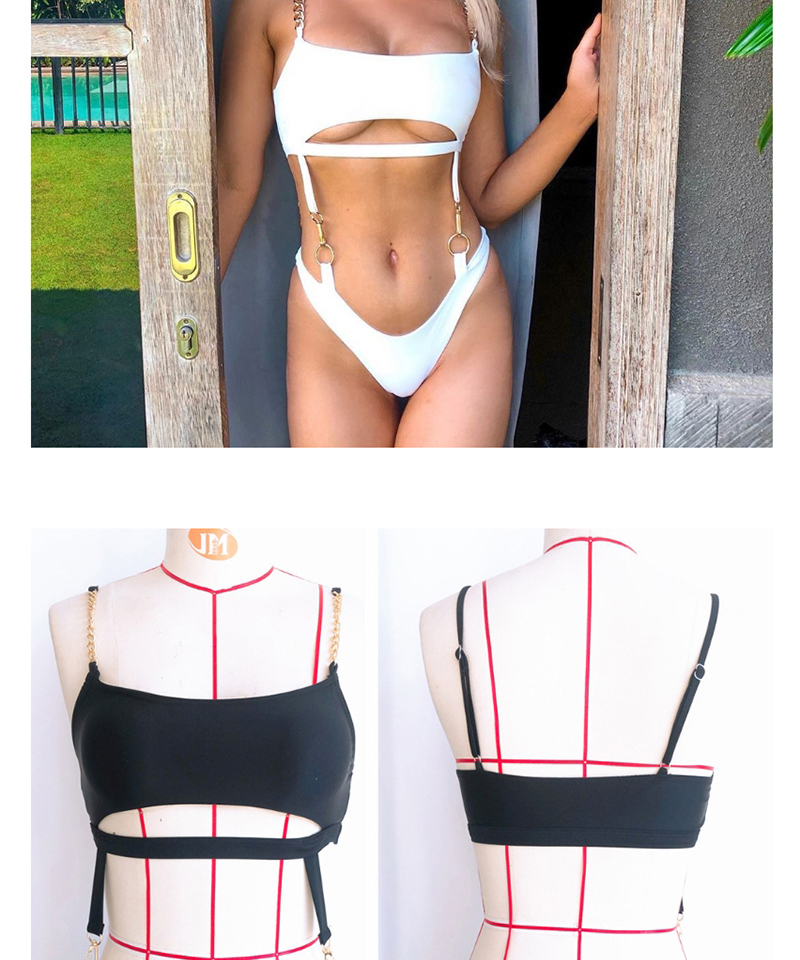 Fashion Black Chain Shoulder Strap Cutout One-piece Swimsuit,One Pieces