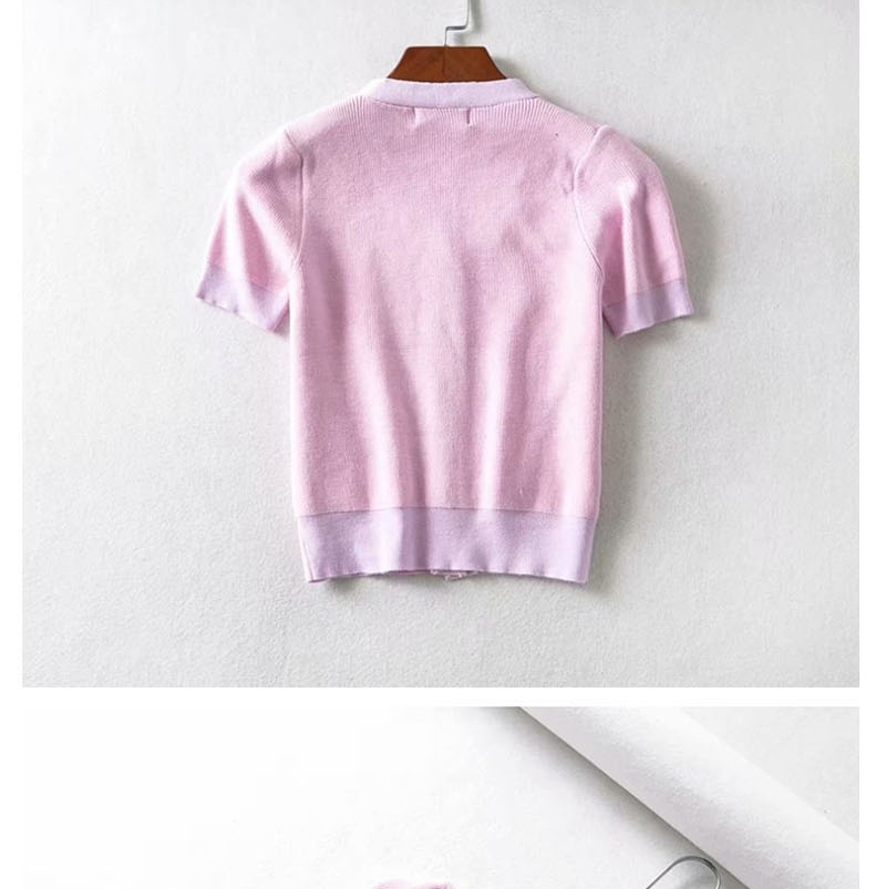 Fashion Pink Knitted Single-breasted V-neck Patchwork T-shirt,Hair Crown
