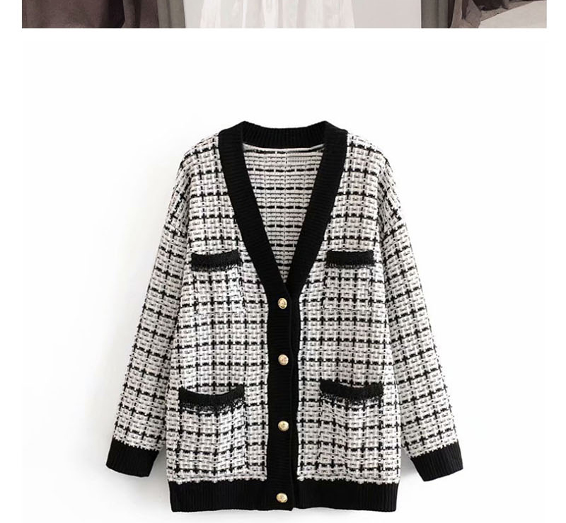 Fashion White + Black Knitted V-neck Single-breasted Sweater Cardigan,Sweater