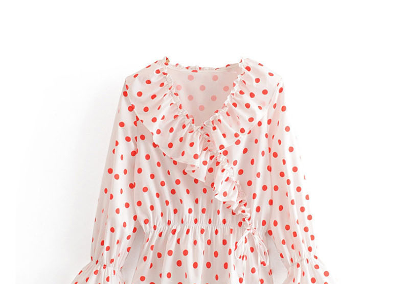 Fashion White Polka-dot Printed V-neck Ruffled Waist Shirt,Blouses