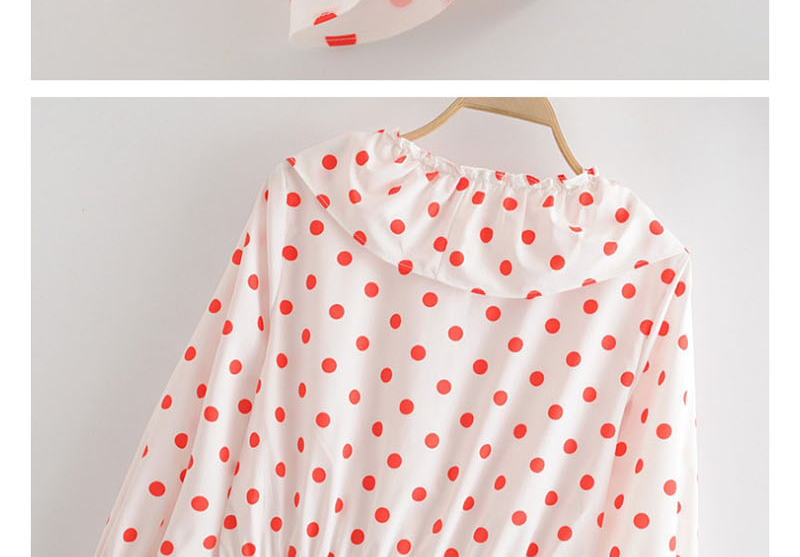 Fashion White Polka-dot Printed V-neck Ruffled Waist Shirt,Blouses