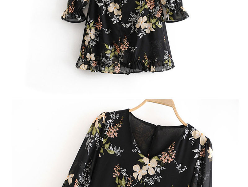 Fashion Black Floral Print Back Vest Neck Dress,Mini & Short Dresses
