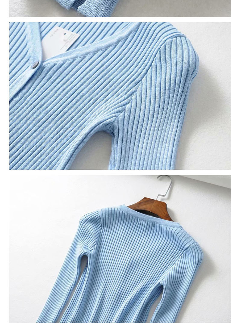 Fashion Blue V-neck Single-breasted Long-sleeved Button T-shirt,Blouses