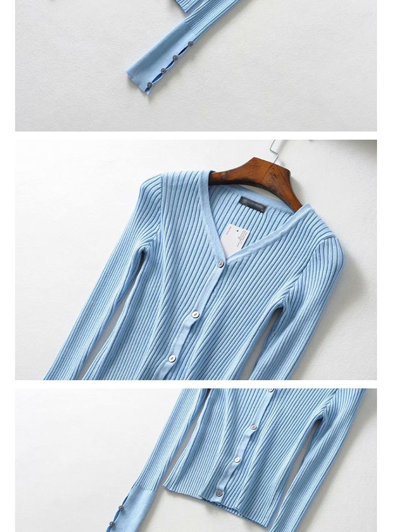 Fashion Blue V-neck Single-breasted Long-sleeved Button T-shirt,Blouses