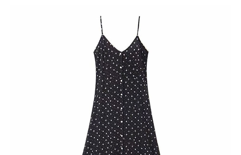 Fashion Black Wavelet Dot Dragonfly Print Lace Camisole Dress,Long Dress