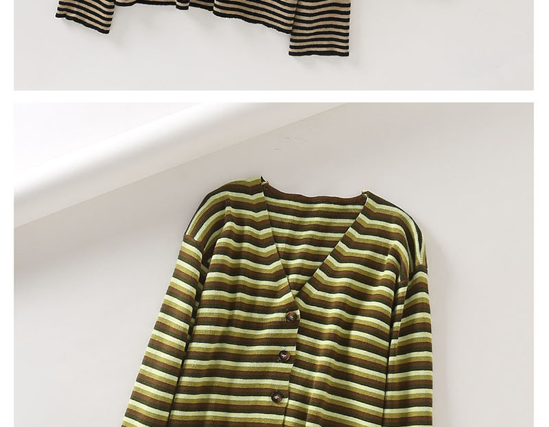 Fashion Coffee Color Dropped Shoulder Striped V-neck Sweater,Sweater