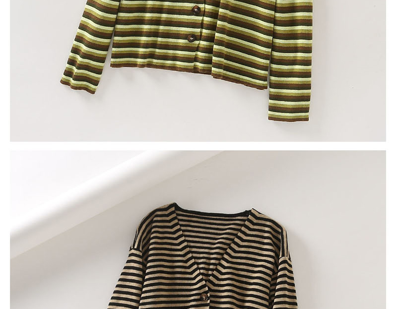 Fashion Coffee Color Dropped Shoulder Striped V-neck Sweater,Sweater