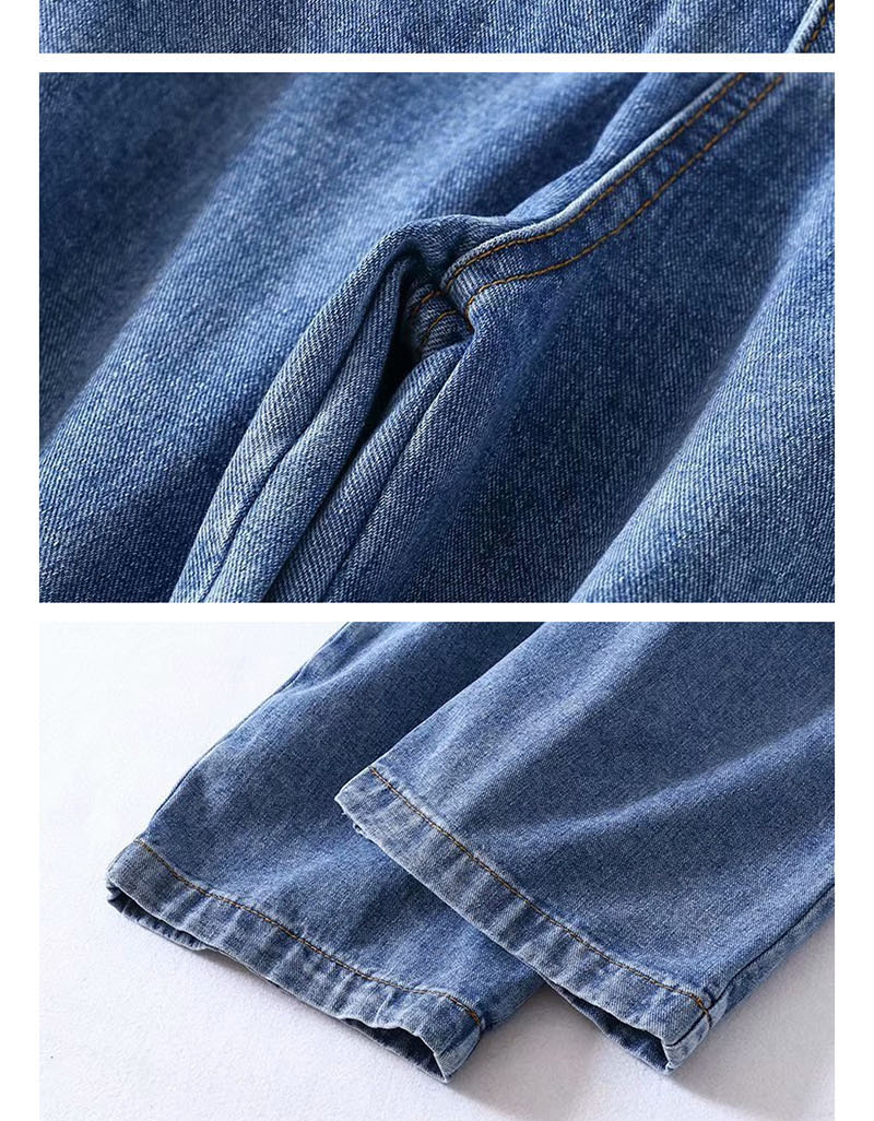 Fashion Blue Washed Cutout Denim Straight Pants,Denim