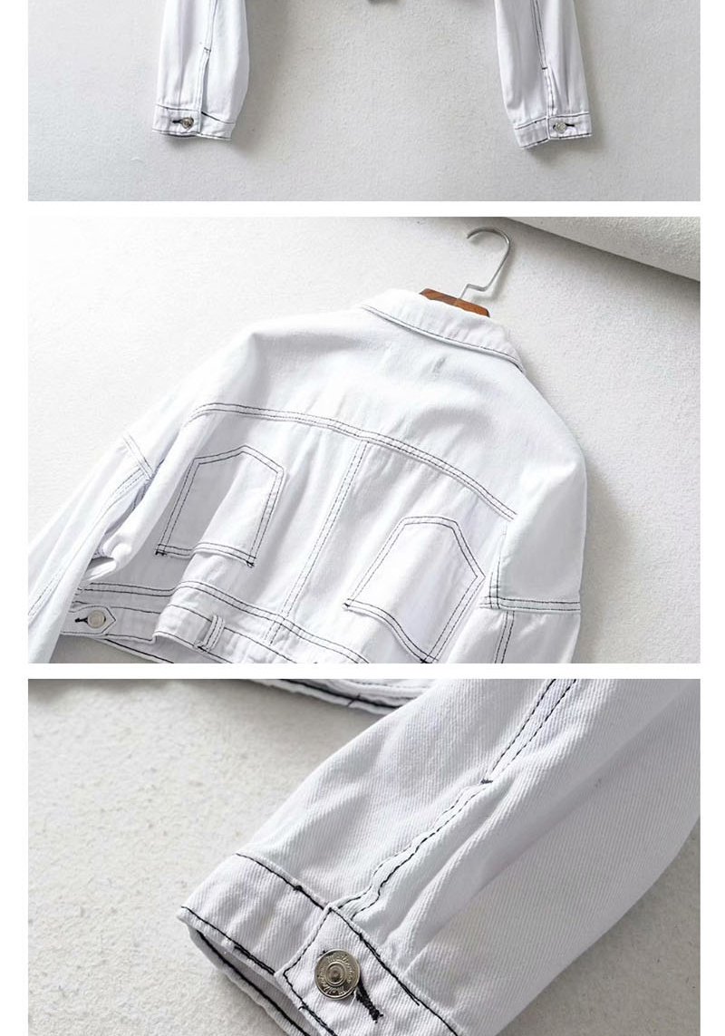 Fashion White Topstitched Denim Jacket,Coat-Jacket