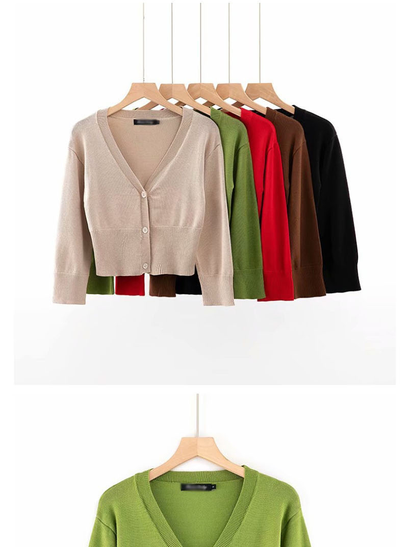 Fashion Coffee Color V-neck Single-breasted Knitted Cardigan With Three-quarter Sleeves And Three Buttons,Sweater
