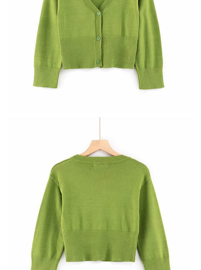 Fashion Green V-neck Single-breasted Knitted Cardigan With Three-quarter Sleeves And Three Buttons,Sweater
