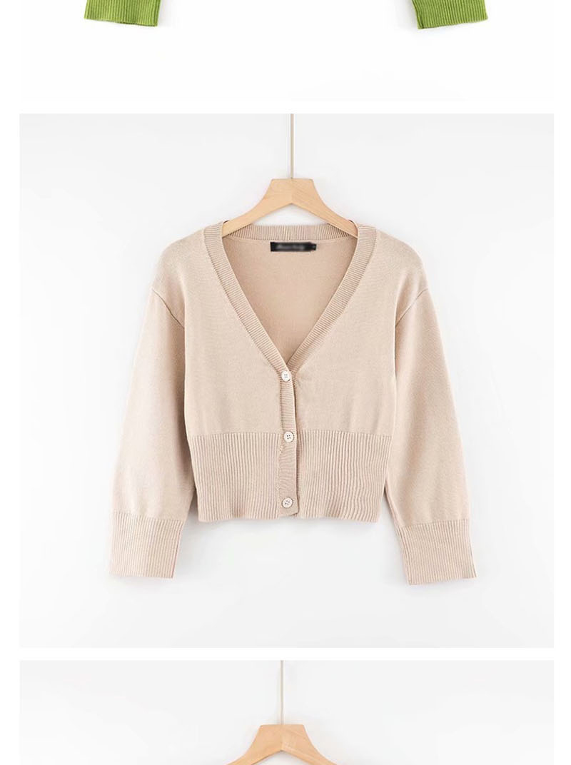 Fashion Apricot V-neck Single-breasted Knitted Cardigan With Three-quarter Sleeves And Three Buttons,Sweater