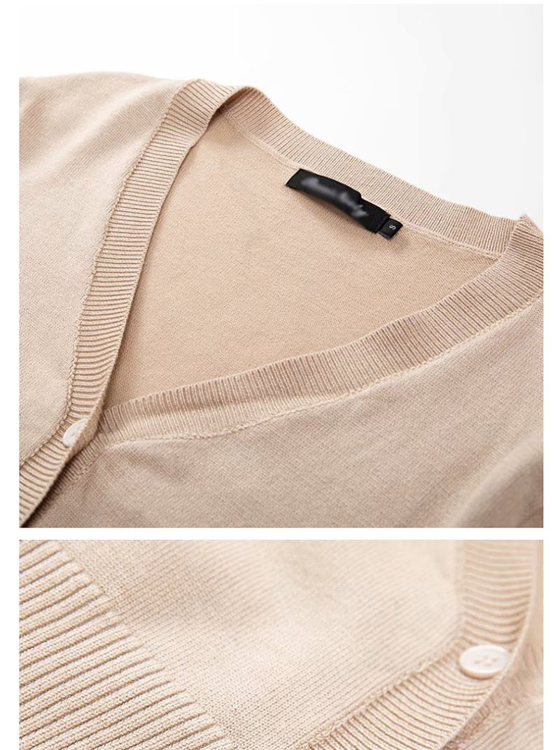 Fashion Apricot V-neck Single-breasted Knitted Cardigan With Three-quarter Sleeves And Three Buttons,Sweater