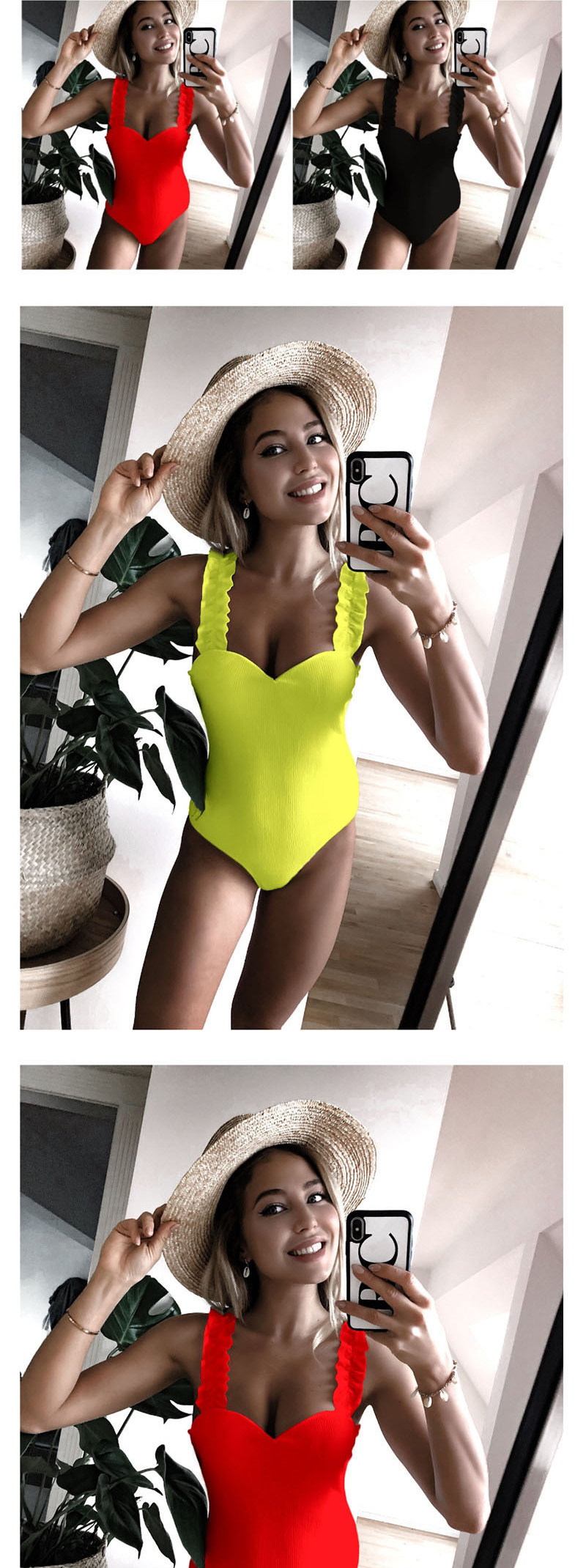 Fashion Black Fungus One Shoulder Swimsuit,One Pieces