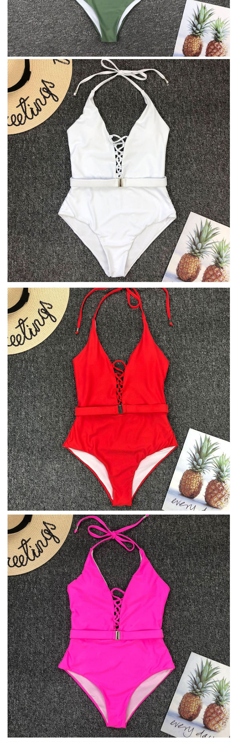 Fashion Red Bandage Belt Buckle One-piece Swimsuit,One Pieces