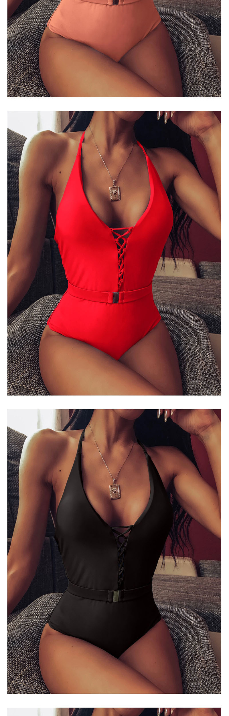 Fashion Rose Red Bandage Belt Buckle One-piece Swimsuit,One Pieces