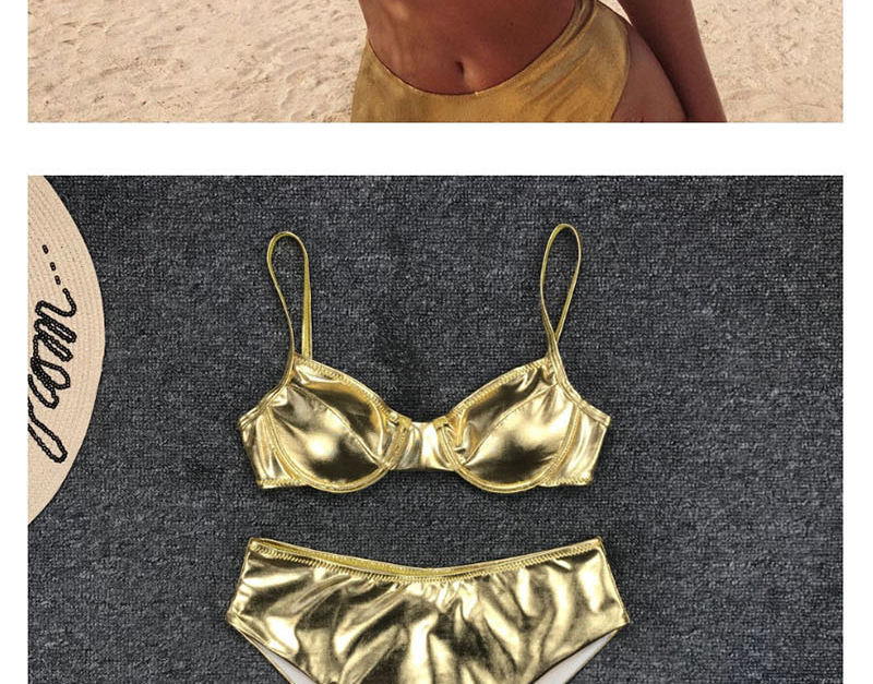 Fashion Golden Underwire Gathered Bright Leather Split Swimsuit,Bikini Sets