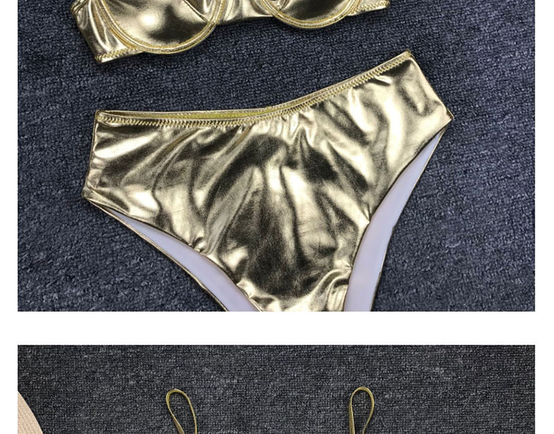 Fashion Golden Underwire Gathered Bright Leather Split Swimsuit,Bikini Sets