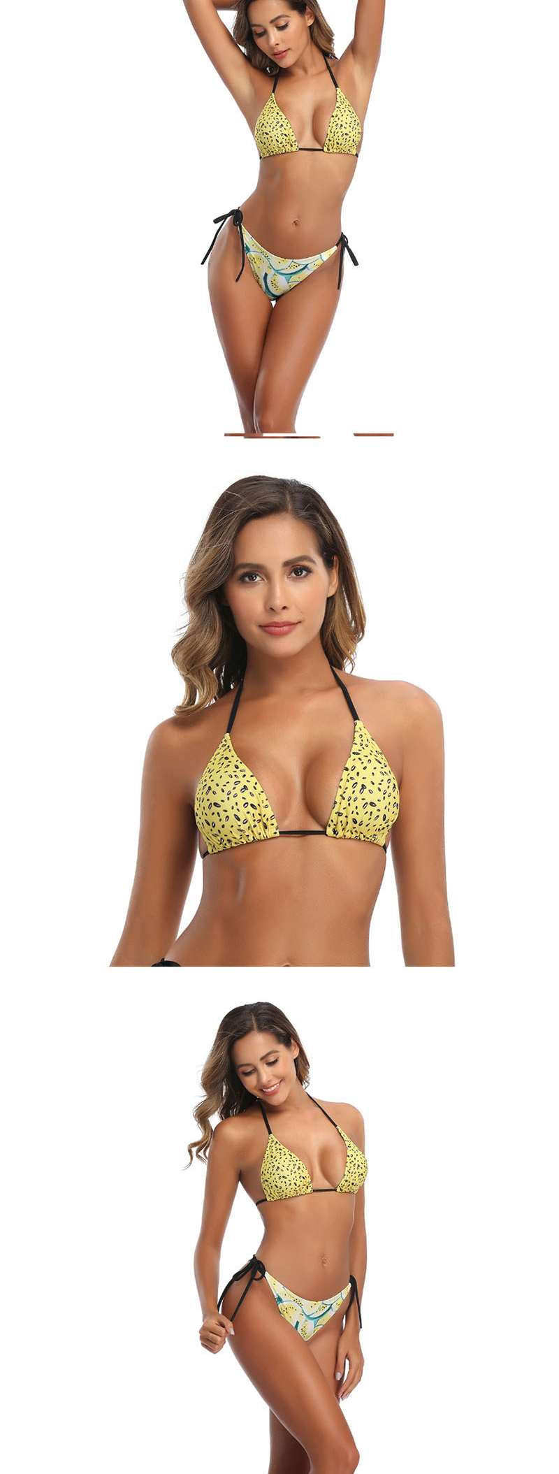 Fashion Yellow Blue Wave Fruit Print Wave Lace Split Swimsuit,Bikini Sets