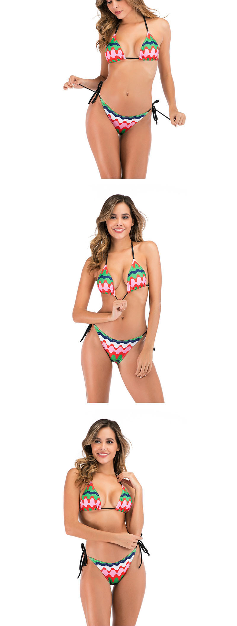 Fashion Pink Green Waves Fruit Print Wave Lace Split Swimsuit,Bikini Sets