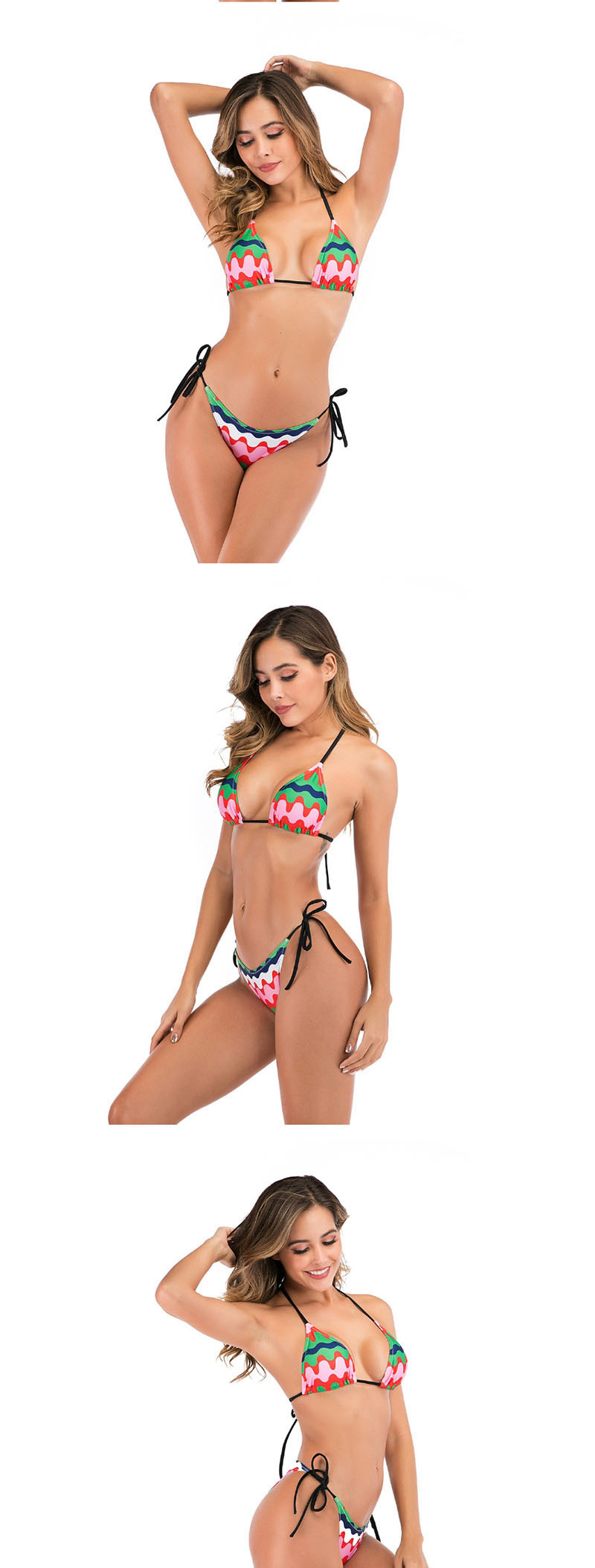 Fashion Pink Green Waves Fruit Print Wave Lace Split Swimsuit,Bikini Sets