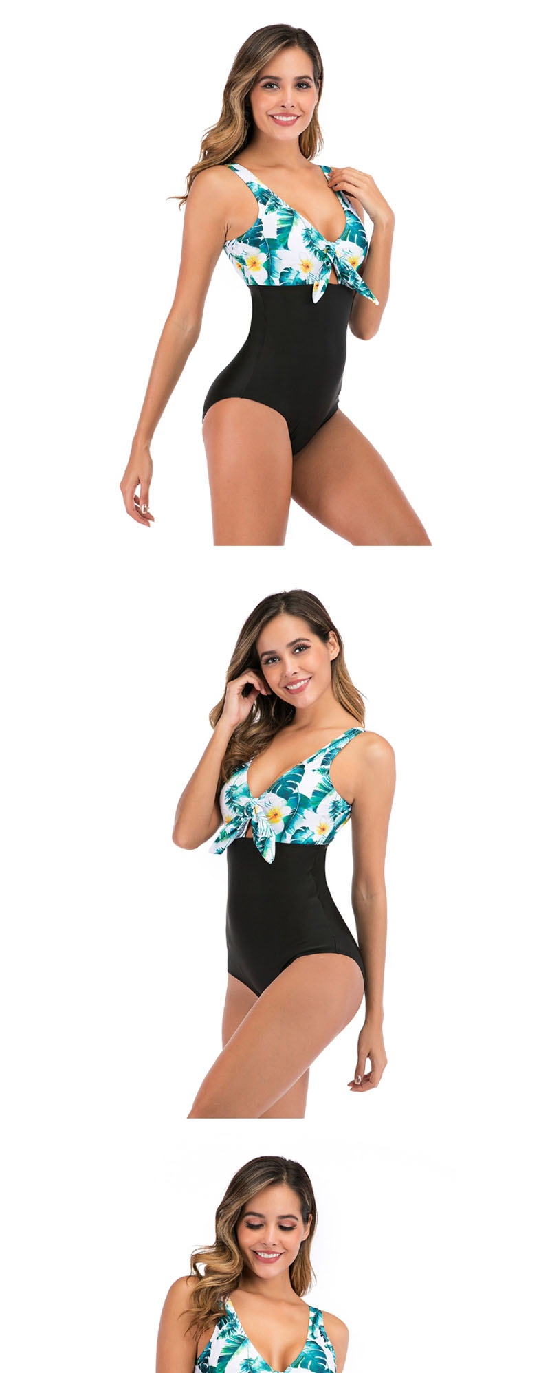 Fashion Leaves On White Printed Lace Up One Piece Swimsuit,One Pieces