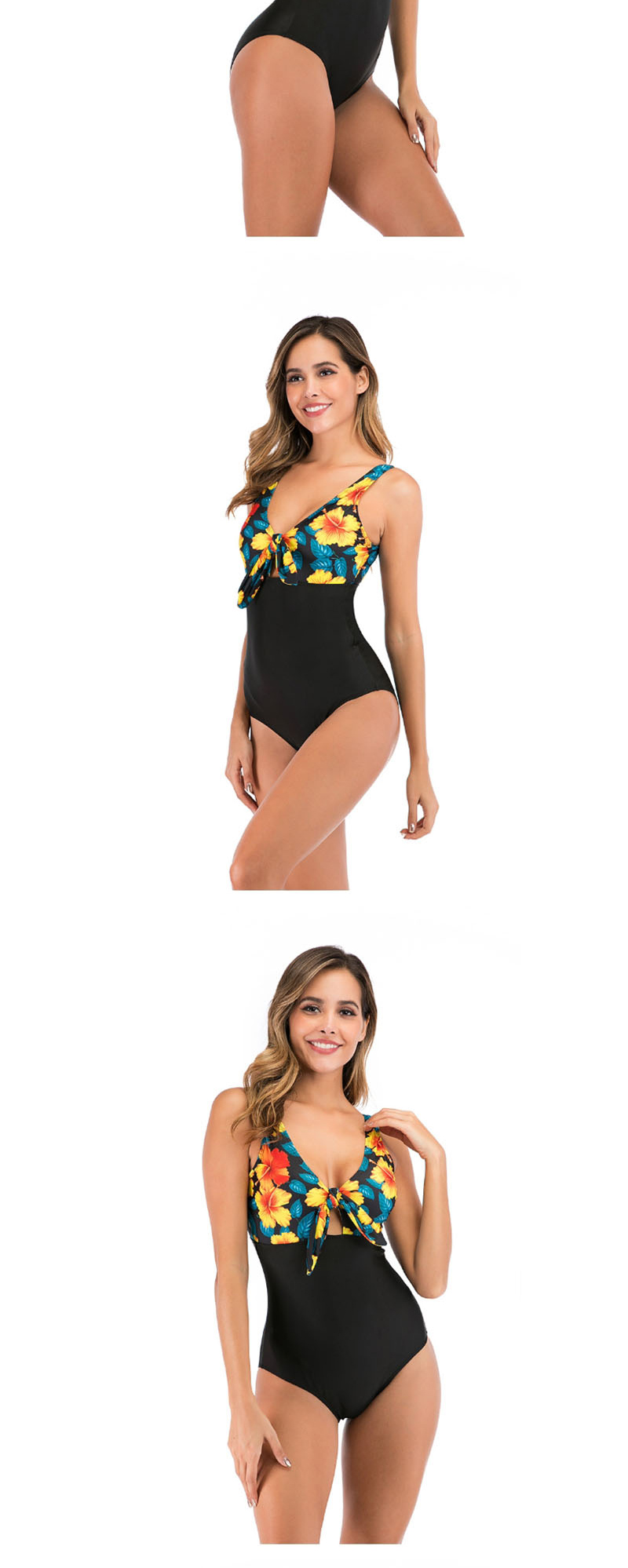 Fashion Yellow Flower On Black Printed Lace Up One Piece Swimsuit,One Pieces