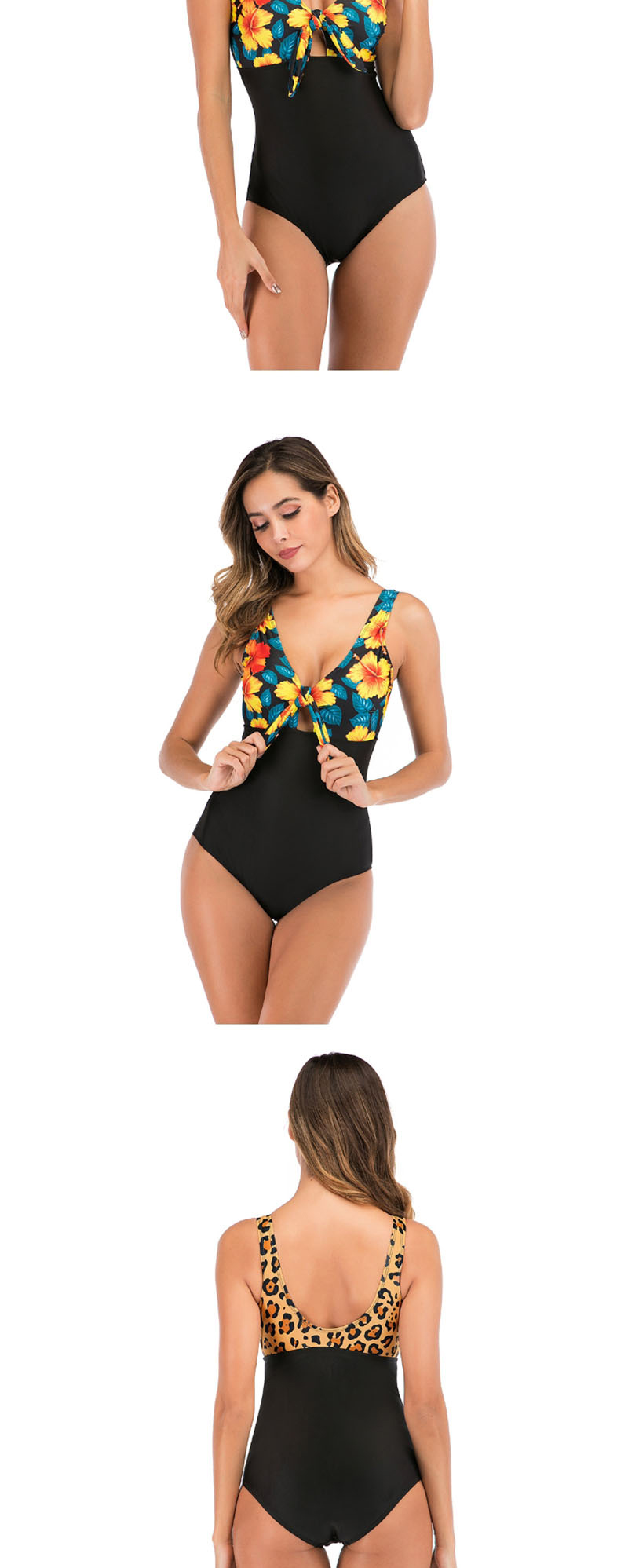 Fashion Yellow Flower On Black Printed Lace Up One Piece Swimsuit,One Pieces