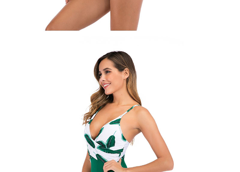 Fashion Green Backless Leaf Print Paneled One Piece Swimsuit,One Pieces