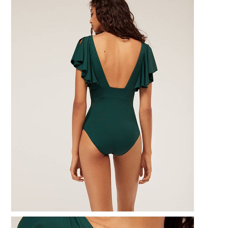Fashion Green V-neck Ruffled One-piece Swimsuit,One Pieces