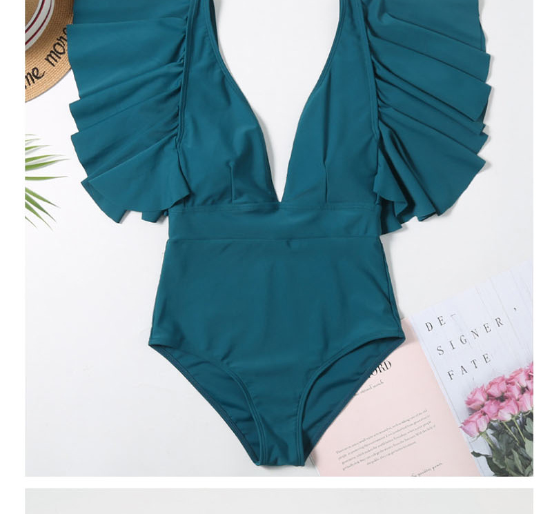 Fashion Green V-neck Ruffled One-piece Swimsuit,One Pieces
