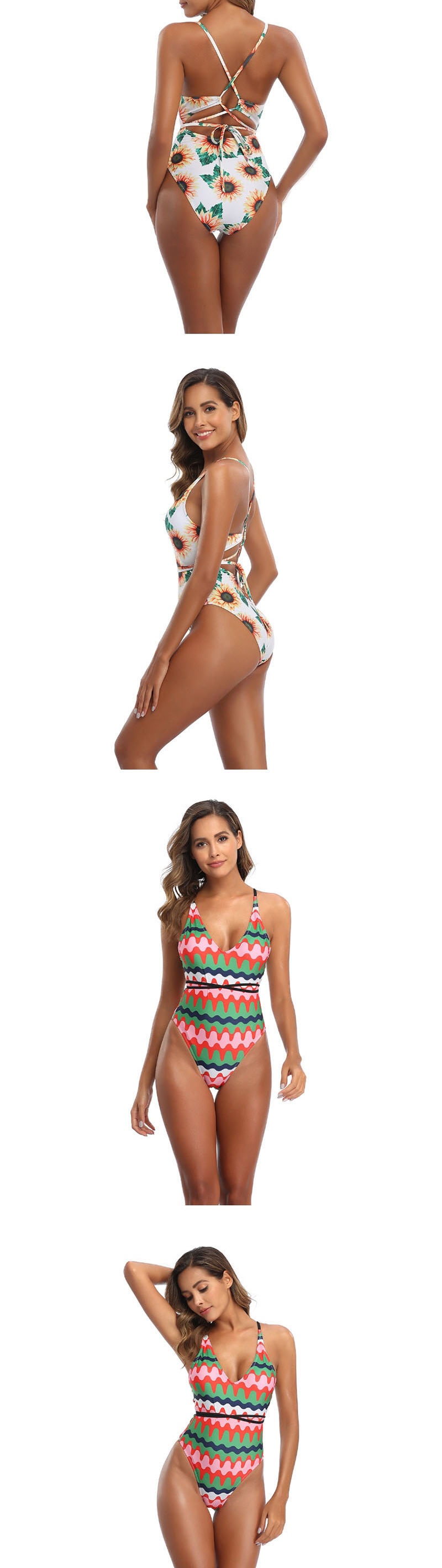 Fashion Blue Yellow Wave Printed One-piece Swimsuit,One Pieces