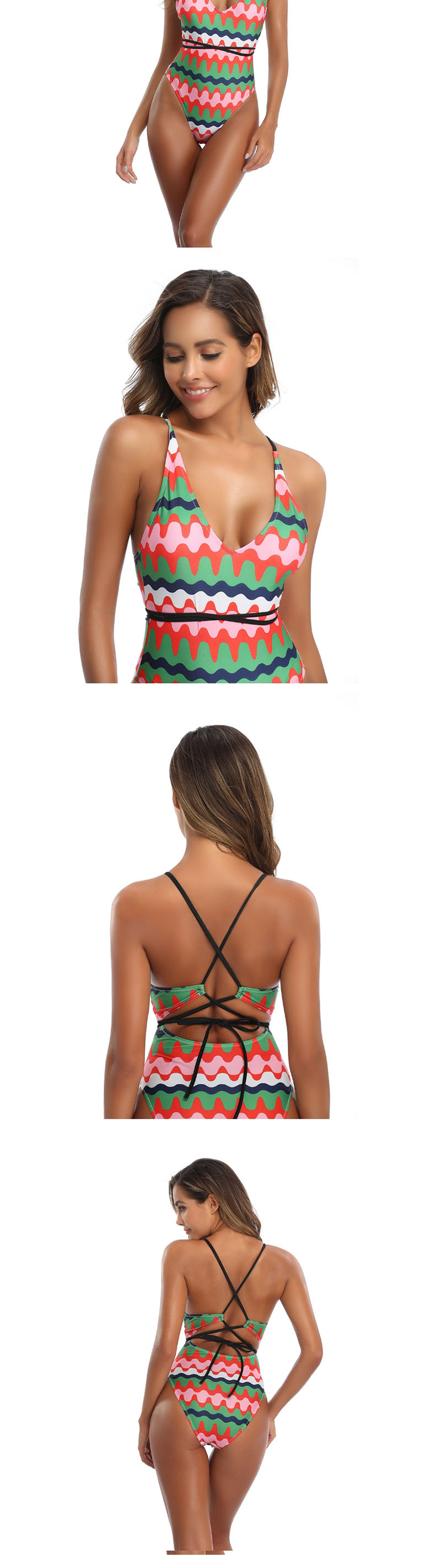 Fashion Red And Green Waves Printed One-piece Swimsuit,One Pieces