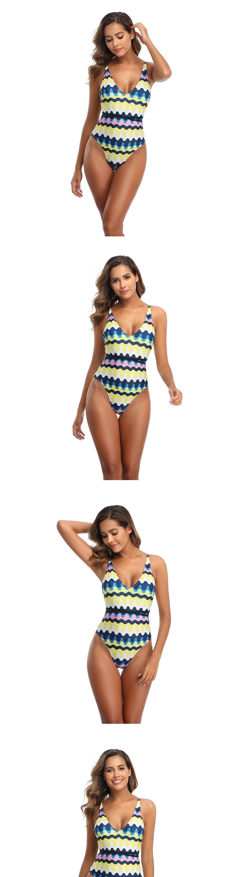 Fashion Blue Yellow Wave Printed One-piece Swimsuit,One Pieces