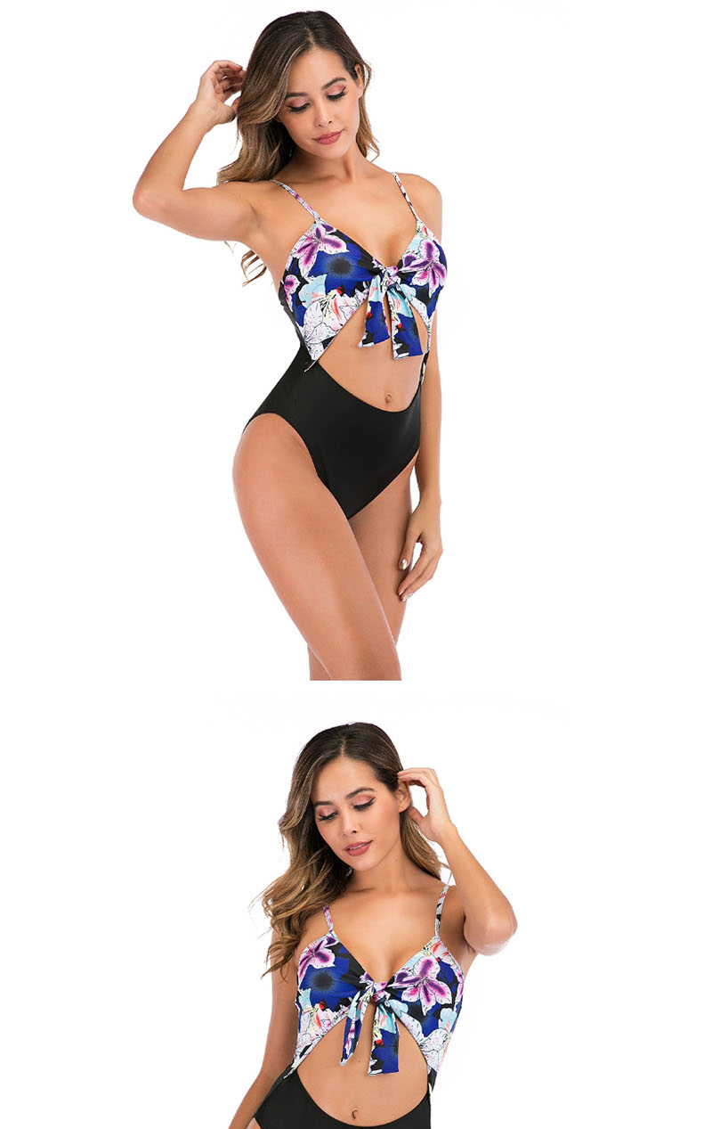 Fashion Blue Printed Lace Up One Piece Swimsuit,One Pieces