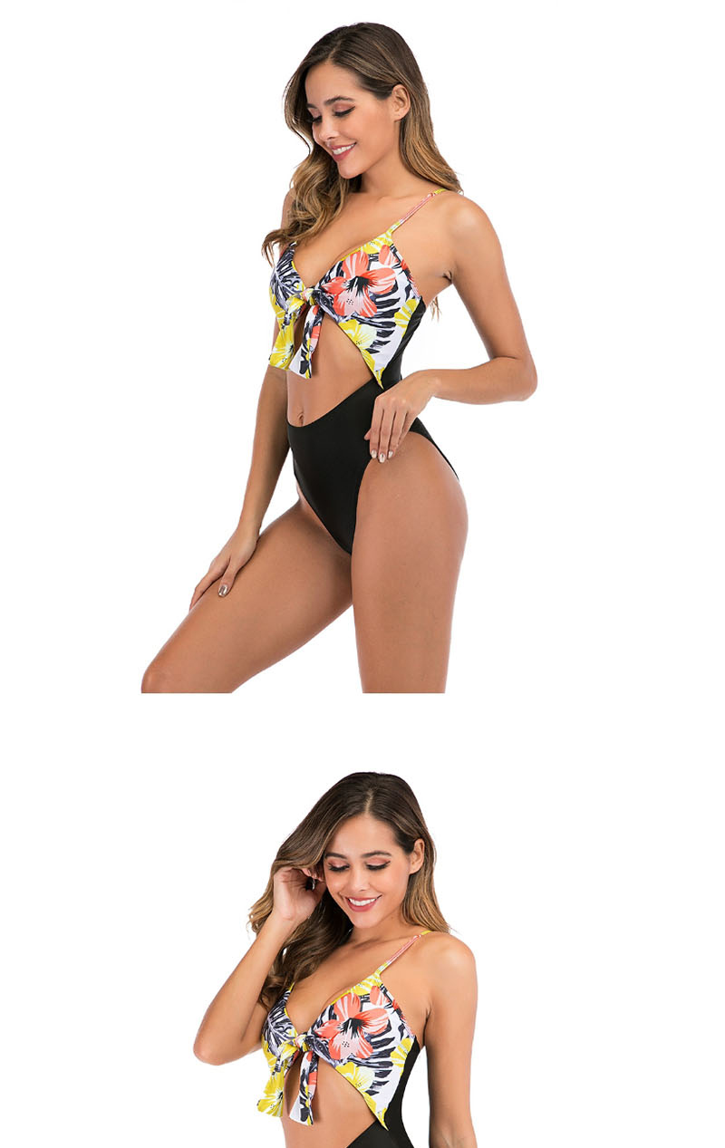 Fashion Yellow Printed Lace Up One Piece Swimsuit,One Pieces