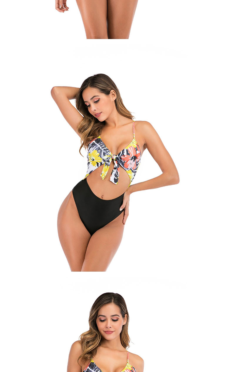 Fashion Yellow Printed Lace Up One Piece Swimsuit,One Pieces