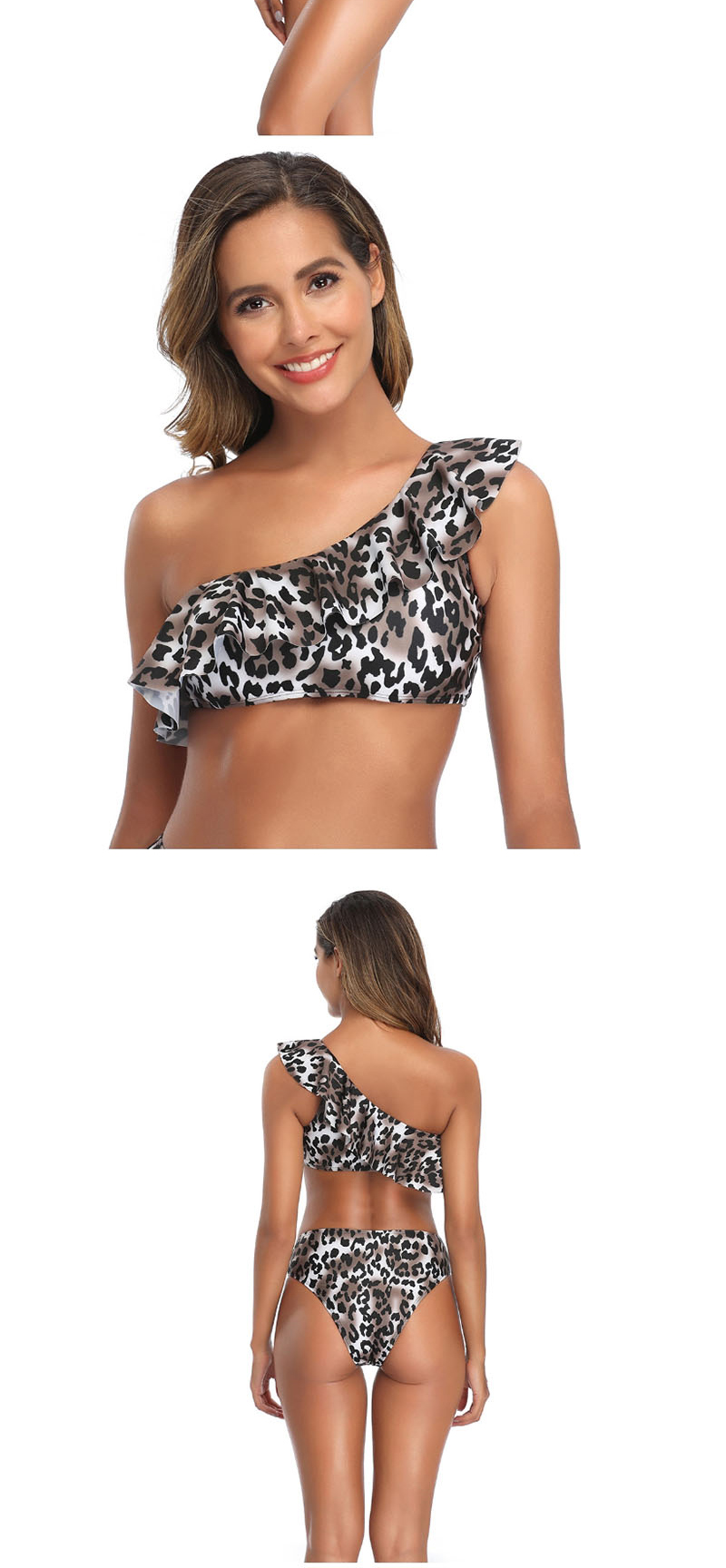 Fashion Leopard Print Printed Flared One-shoulder Split Swimsuit,Bikini Sets