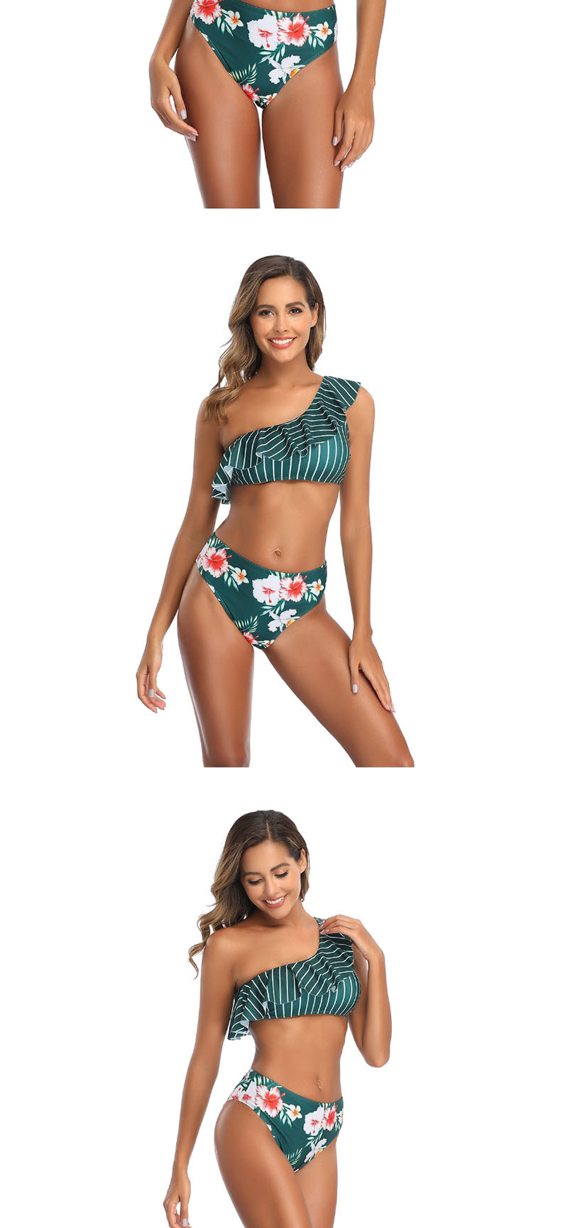 Fashion Green Printed Flared One-shoulder Split Swimsuit,Bikini Sets