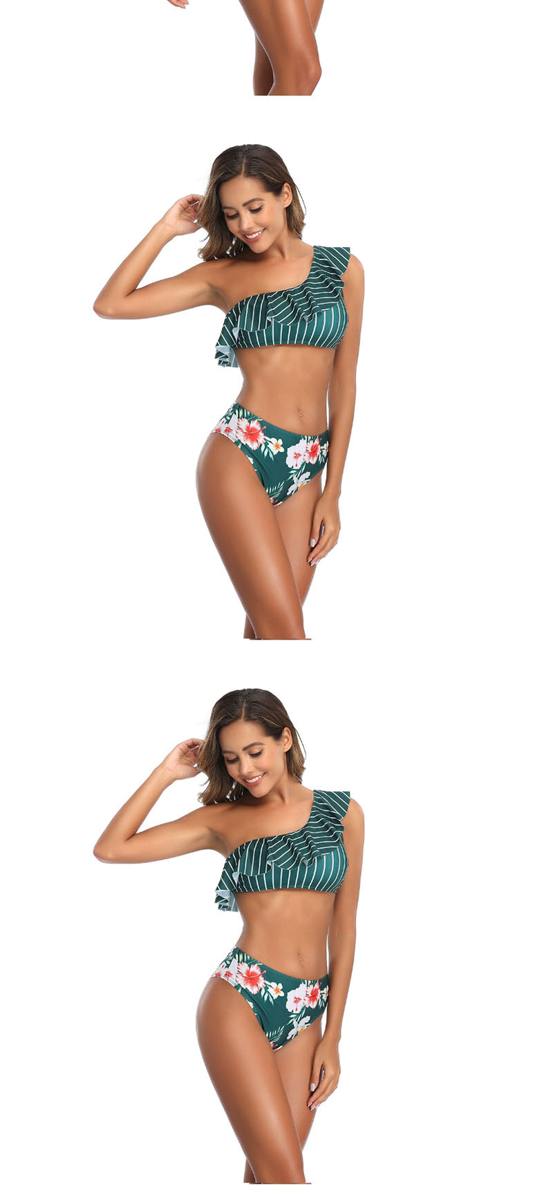 Fashion Green Printed Flared One-shoulder Split Swimsuit,Bikini Sets