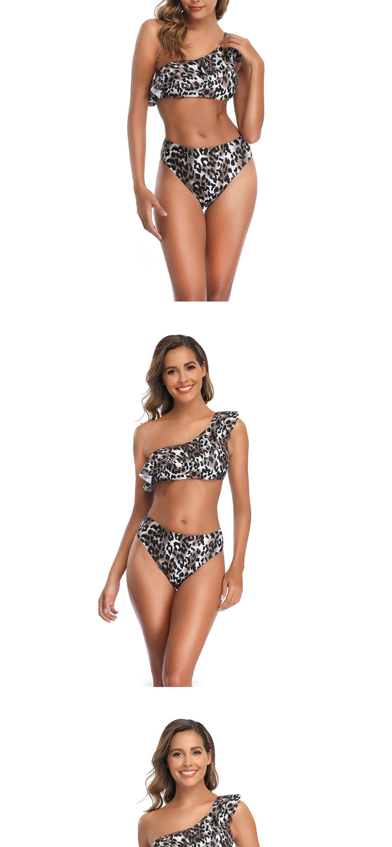 Fashion Leopard Print Printed Flared One-shoulder Split Swimsuit,Bikini Sets