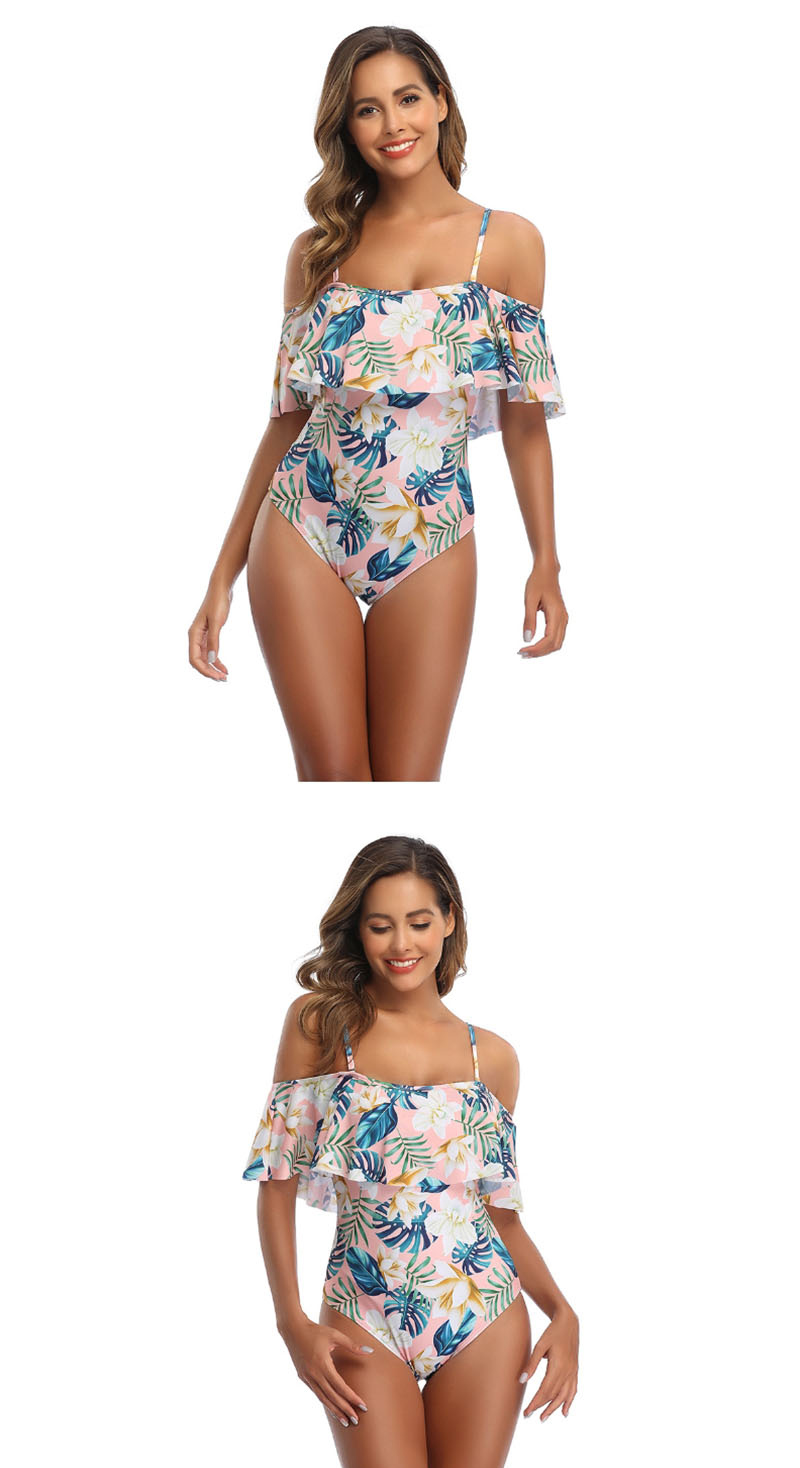 Fashion Blue One-shoulder Flamingo Print Ruffled One-piece Swimsuit,One Pieces