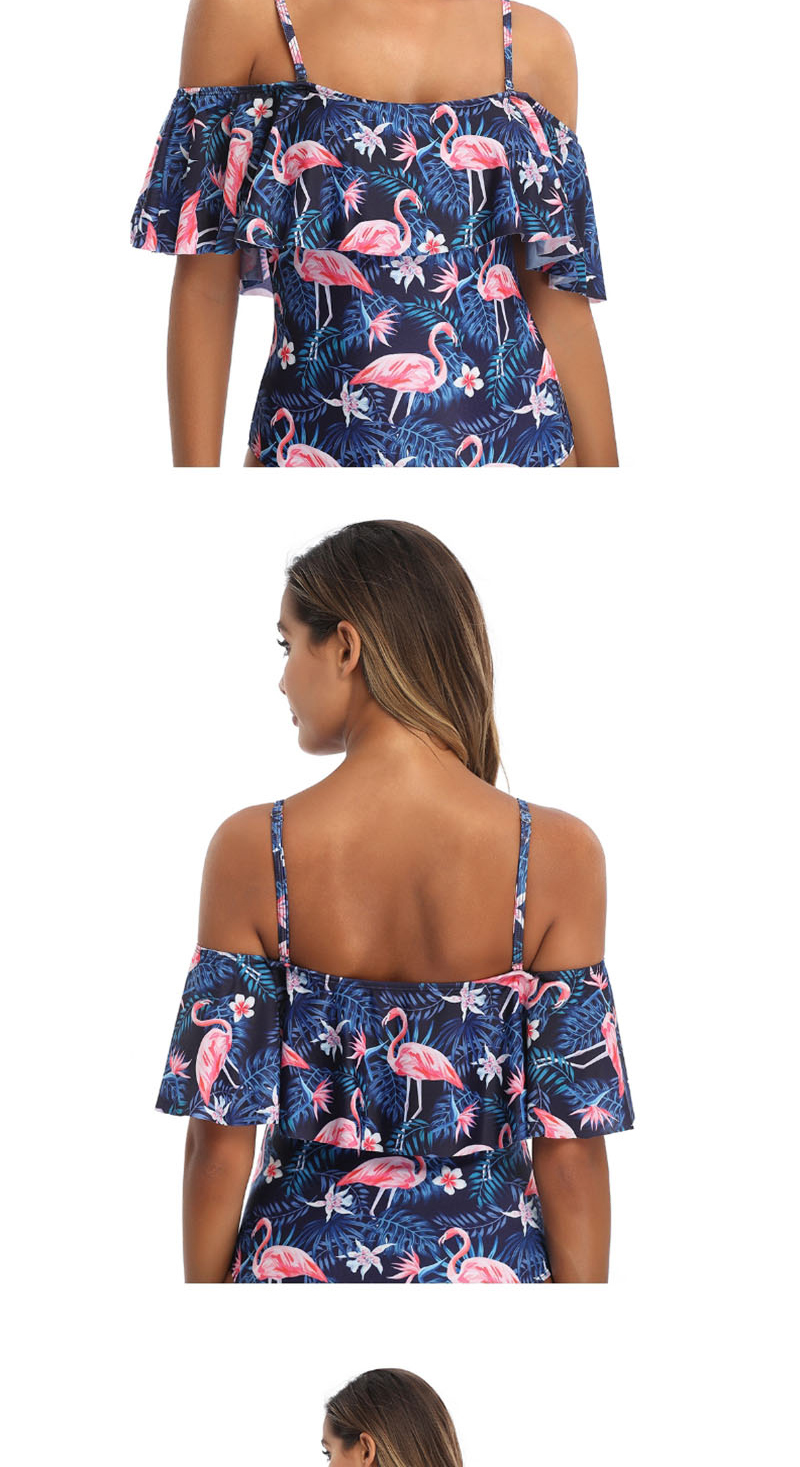 Fashion Blue One-shoulder Flamingo Print Ruffled One-piece Swimsuit,One Pieces