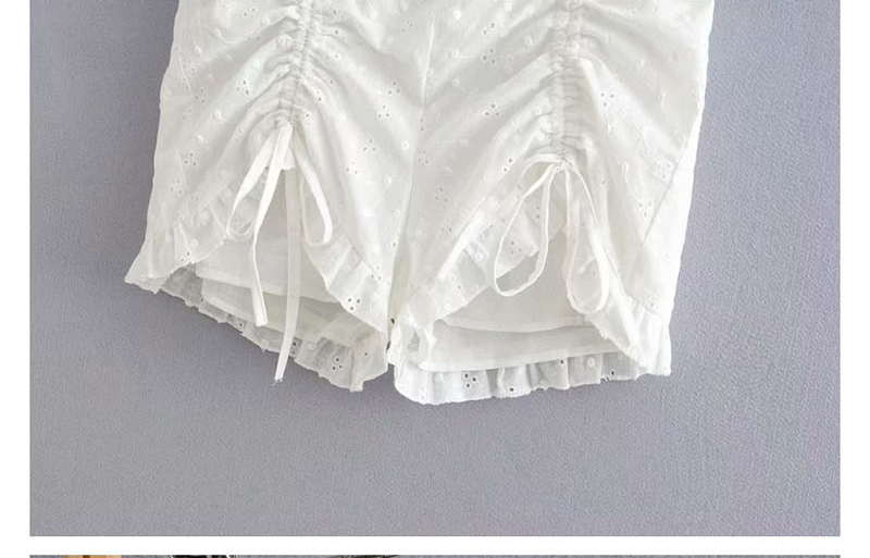 Fashion White Openwork Embroidered Drawstring Ruffled Shorts,Shorts