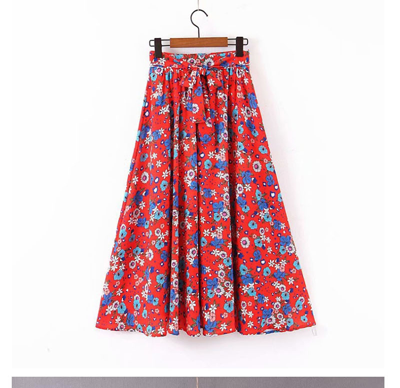 Fashion Red Flower Print High Waist Tie Skirt,Skirts